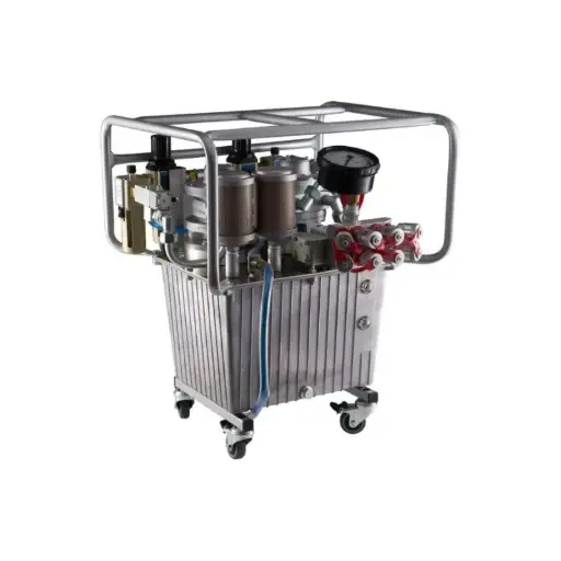 [RW-HY-TWIN-AIR-4S] Rental Per week : HY-TWIN-AIR-4S, 4 Stage, Twin Pump, Pneumatic Pump, 4 Ports, c/w 10k PSI Gauge 